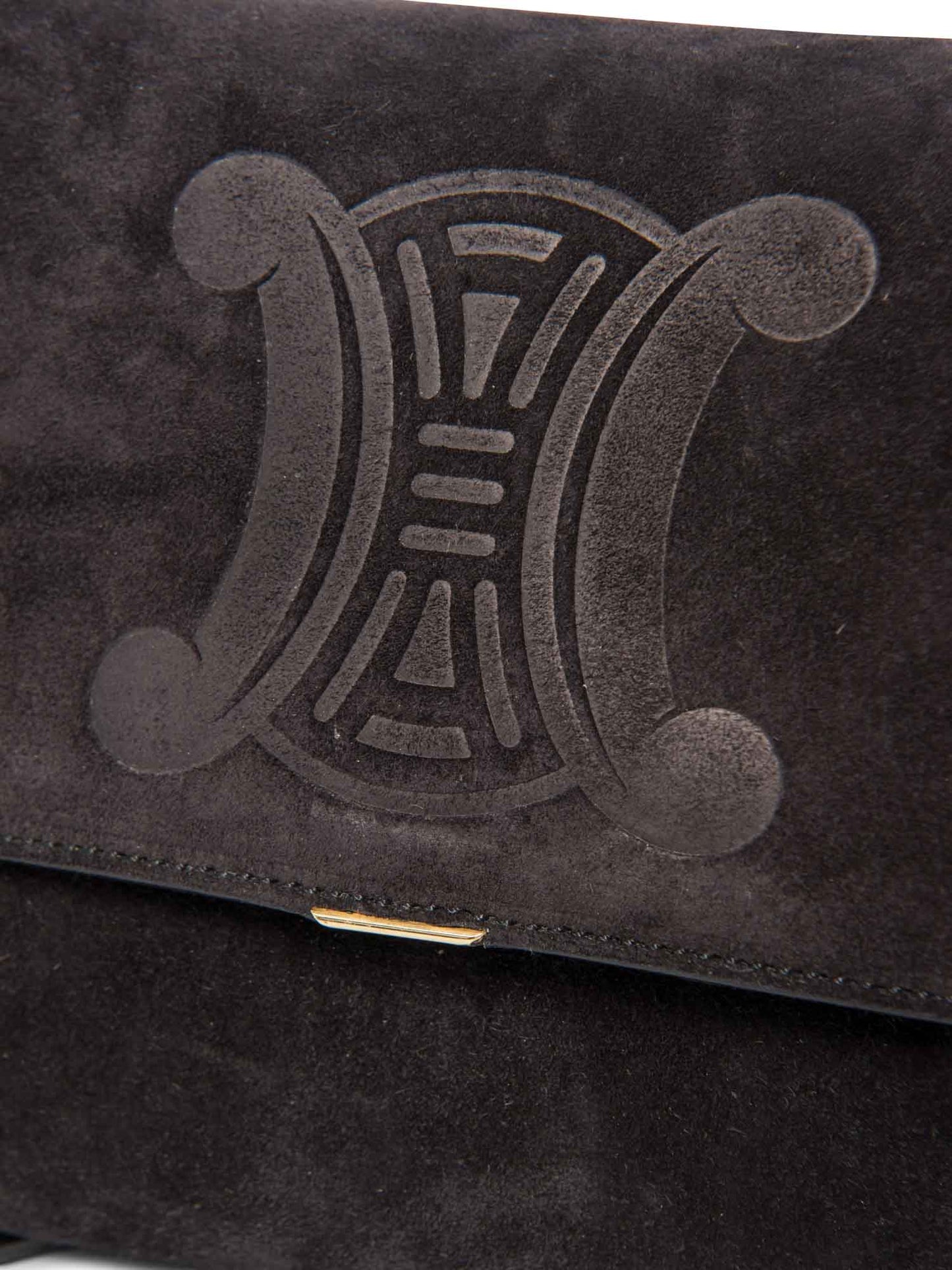 Luxury CELINE Vintage Logo Debossed Suede Messenger Bag Black Gold