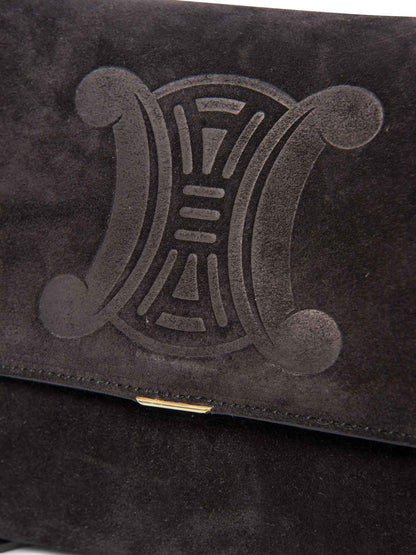 Luxury CELINE Vintage Logo Debossed Suede Messenger Bag Black Gold