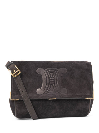 Luxury CELINE Vintage Logo Debossed Suede Messenger Bag Black Gold