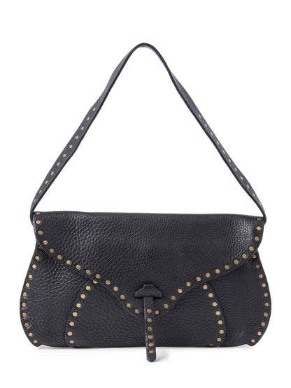 Luxury CELINE Vintage Logo Leather Western Studded Shoulder Bag Black