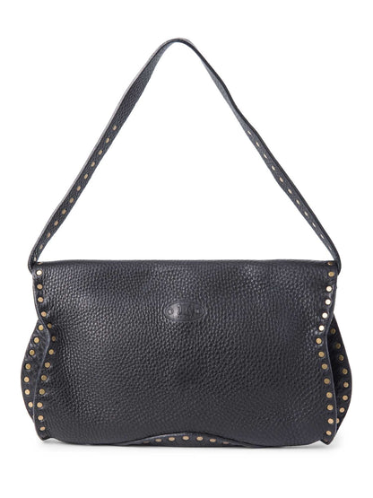 Luxury CELINE Vintage Logo Leather Western Studded Shoulder Bag Black