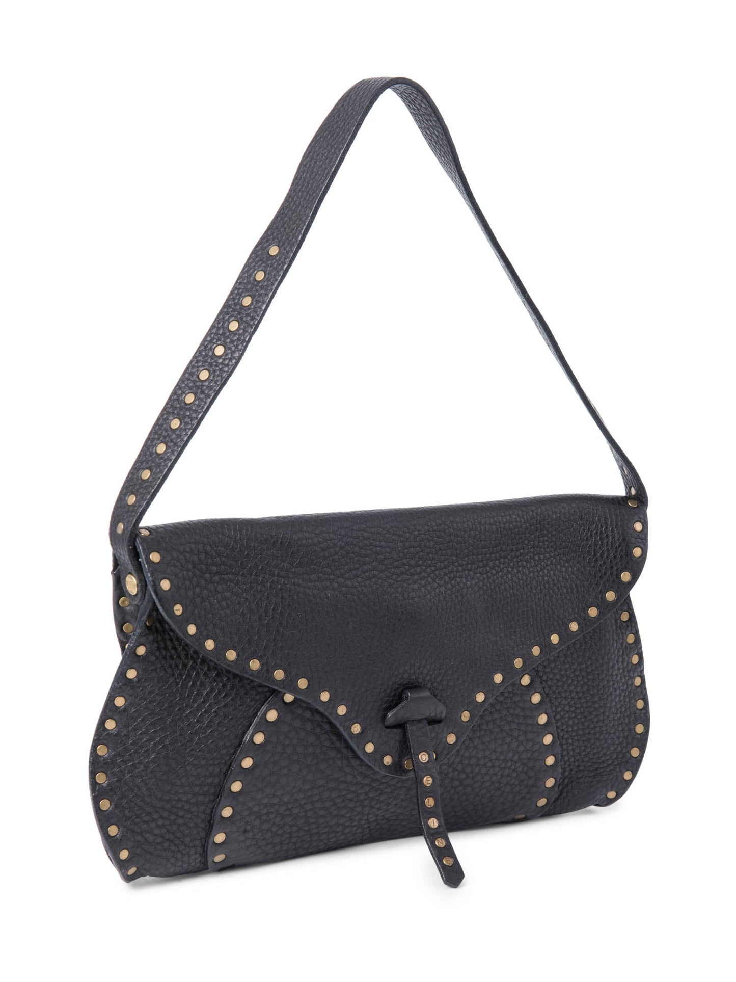 Luxury CELINE Vintage Logo Leather Western Studded Shoulder Bag Black