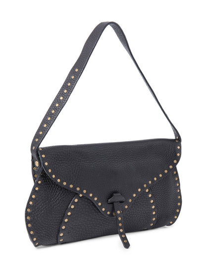 Luxury CELINE Vintage Logo Leather Western Studded Shoulder Bag Black
