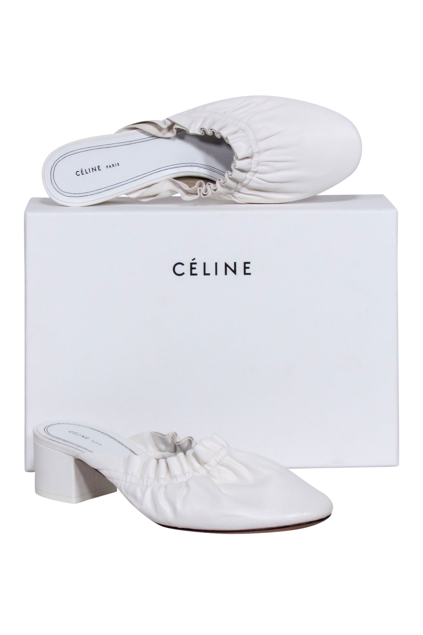 Luxury CELINE - White Ruffle Closed Toe Mules Sz 8.5