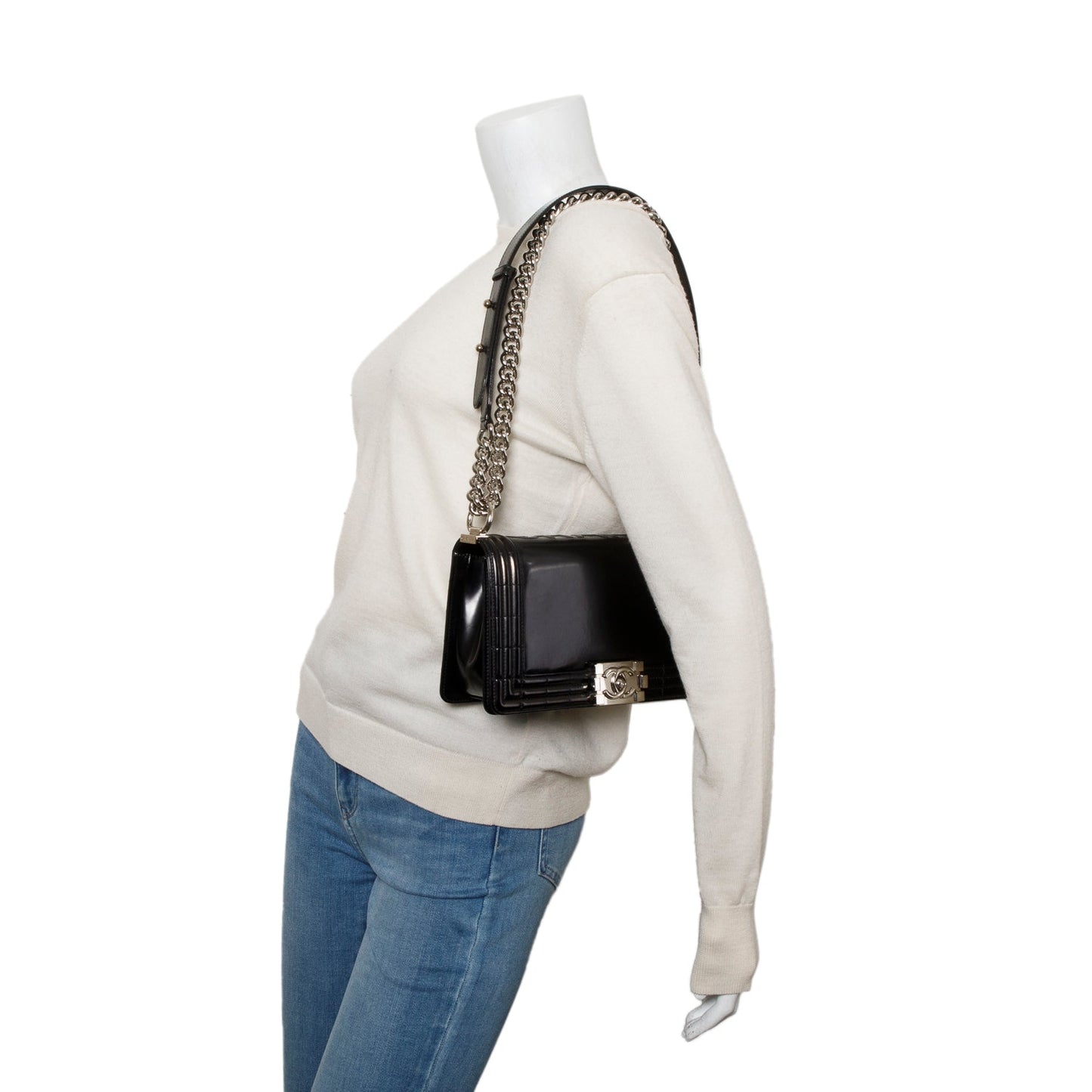 Chanel Black Patent Leather Original Clasp Medium Boy Flap Bag
