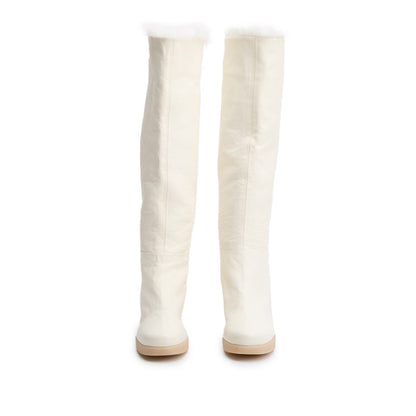 Chanel White Leather Faux Fur Interlocking CC Logo High Boots, Size 36