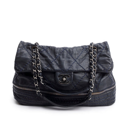 Chanel Navy Quilted Stitched Calfskin Leather Expandable Ligne Flap Bag