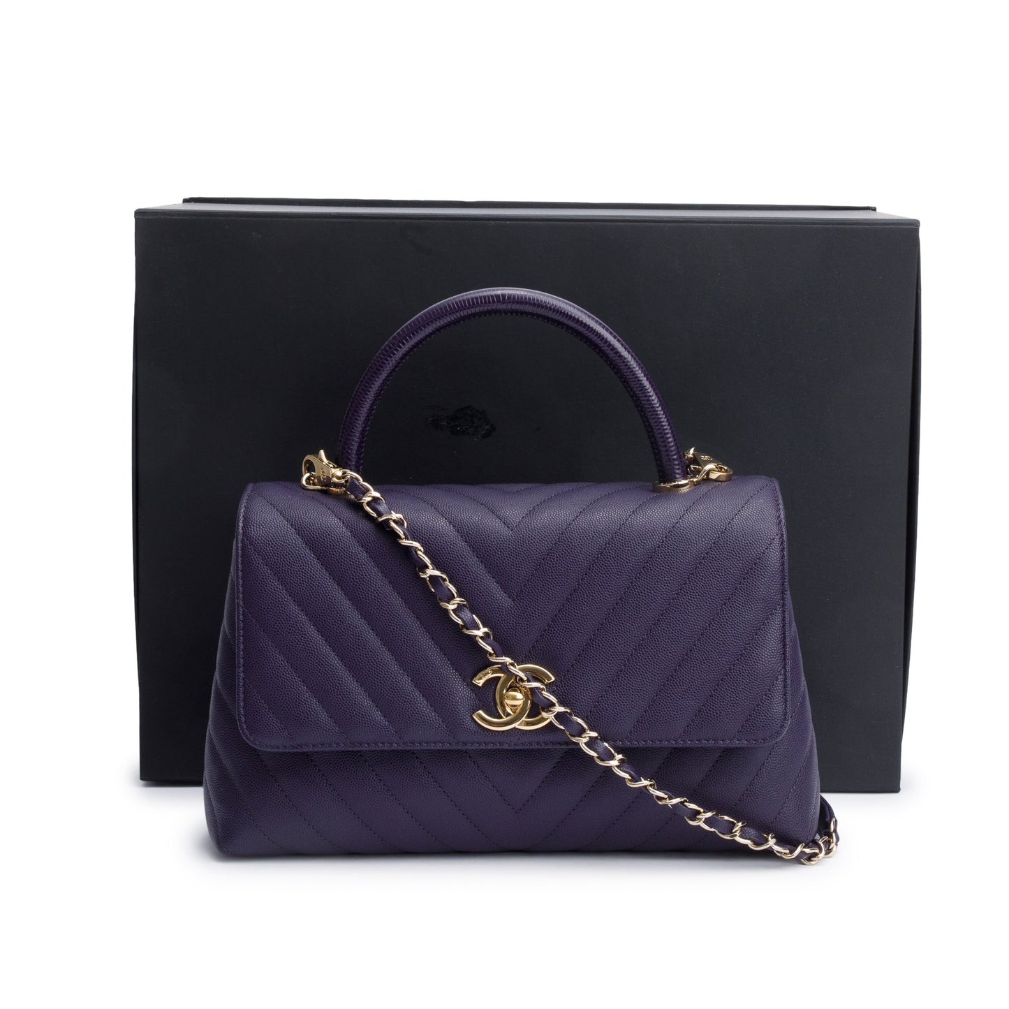 Chanel 202 Purple Chevron Quilted Caviar Leather Coco Top Handle Flap Bag