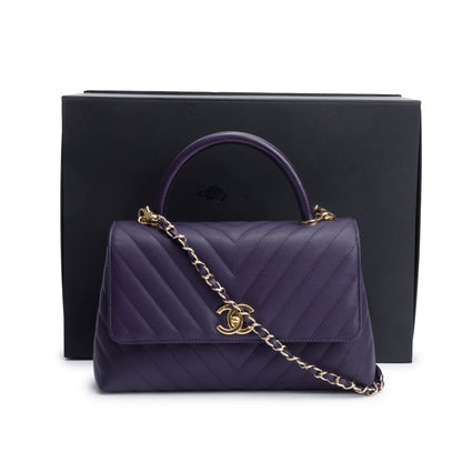Chanel 202 Purple Chevron Quilted Caviar Leather Coco Top Handle Flap Bag