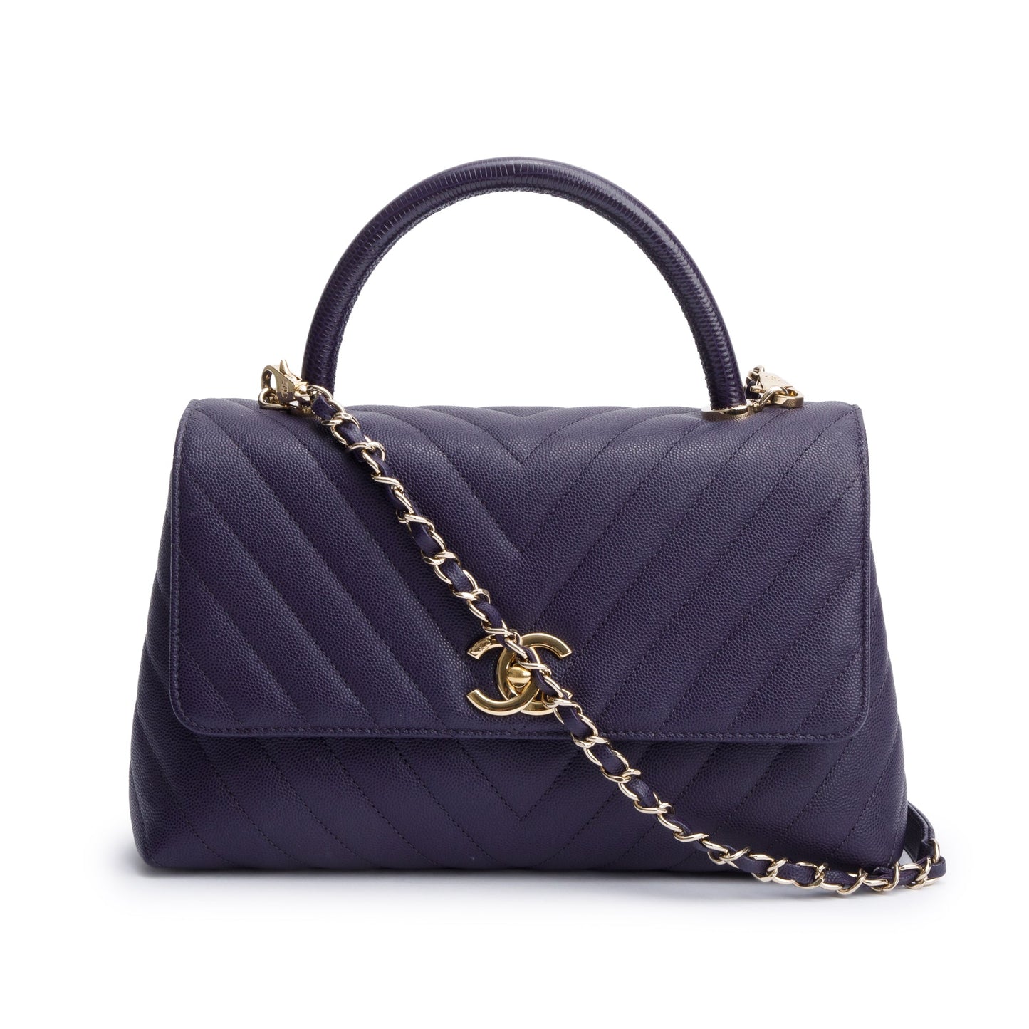 Chanel 202 Purple Chevron Quilted Caviar Leather Coco Top Handle Flap Bag