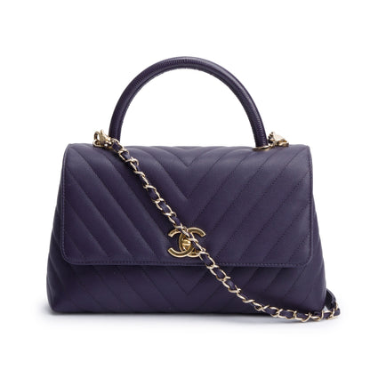 Chanel 202 Purple Chevron Quilted Caviar Leather Coco Top Handle Flap Bag