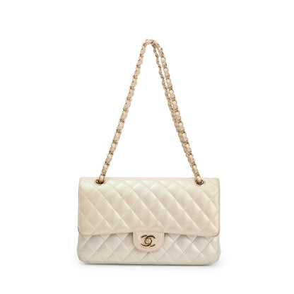 Chanel 2020 Beige Iridescent Calfskin Leather Classic Medium Double Flap Bag