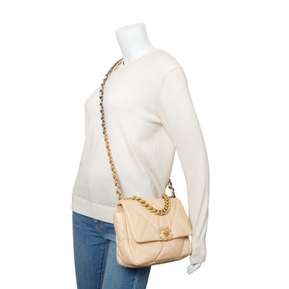 Chanel 2020 Beige Lambskin Leather Medium 19 Flap Bag