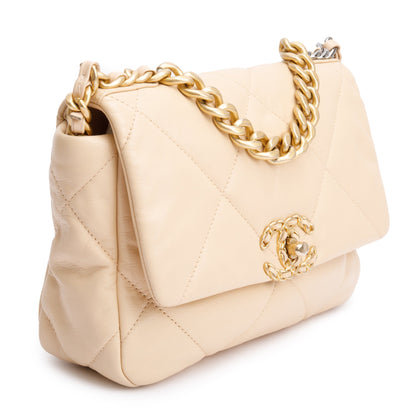 Chanel 2020 Beige Lambskin Leather Medium 19 Flap Bag