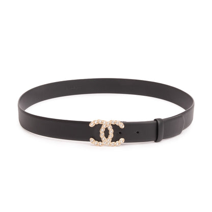 Chanel 2020 Black Calfskin Leather Strass CC Buckle Belt 95 38