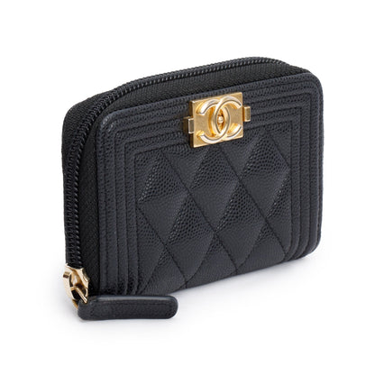 Chanel 2020 Black Caviar Leather Zip Around Boy Coin Purse