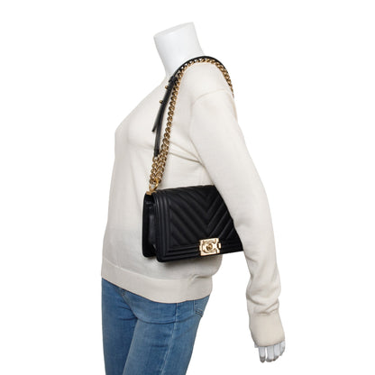 Chanel 2020 Black Chevron Quilted Lambskin Leather Medium Boy Bag