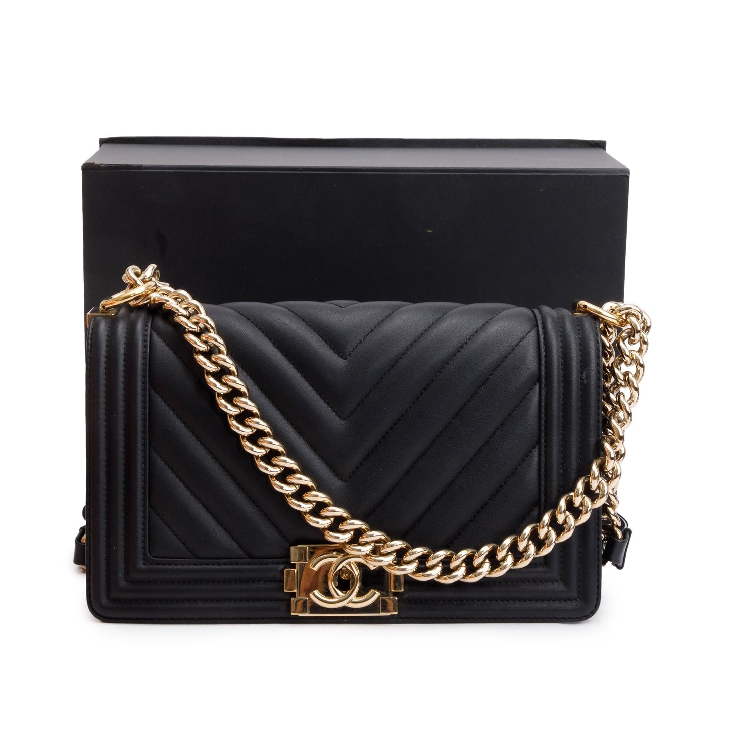 Chanel 2020 Black Chevron Quilted Lambskin Leather Medium Boy Bag