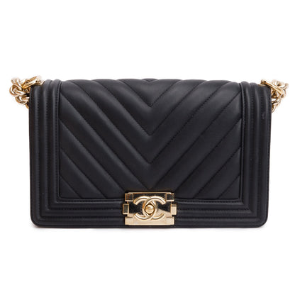 Chanel 2020 Black Chevron Quilted Lambskin Leather Medium Boy Bag