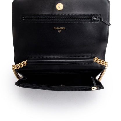 Chanel 2020 Black Lambskin Leather Boy Wallet on Chain