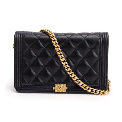 Chanel 2020 Black Lambskin Leather Boy Wallet on Chain