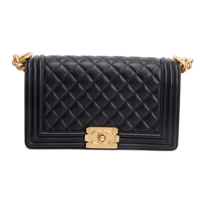 Chanel 2020 Black Quilted Caviar Leather Medium Boy Bag