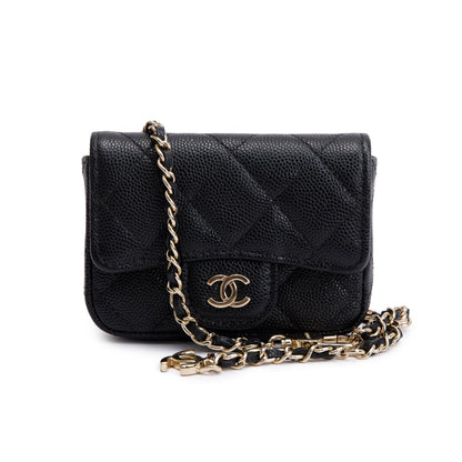 Chanel 2020 Black Quilted Caviar Leather Mini Chain Belt Bag