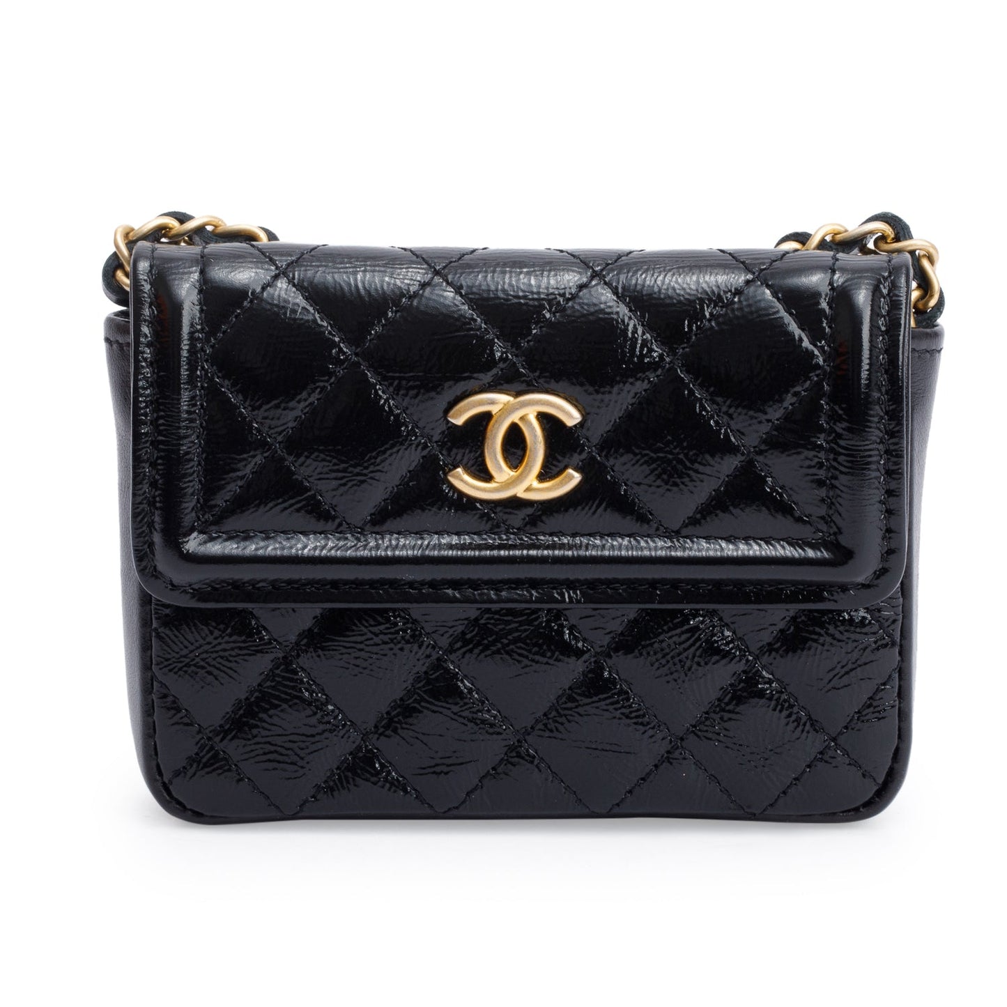 Chanel 2020 Black Quilted Shiny Aged Calfskin Leather Mini Chain Belt Bag