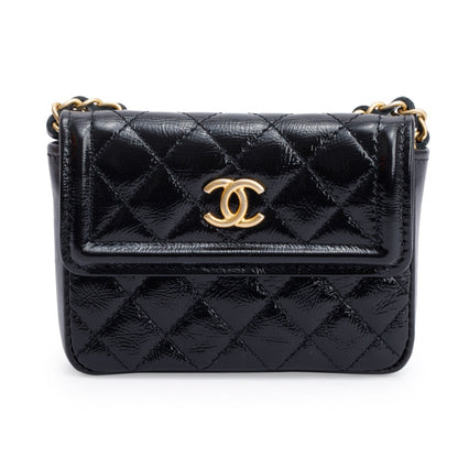 Chanel 2020 Black Quilted Shiny Aged Calfskin Leather Mini Chain Belt Bag