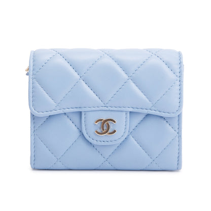 Chanel 2020 Blue Lambskin Quilted Leather Card Holder On Chain