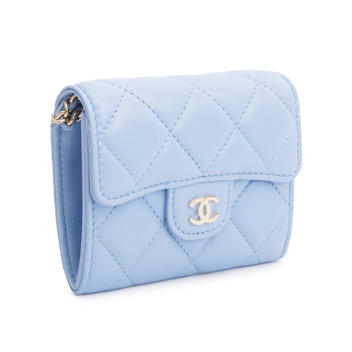 Chanel 2020 Blue Lambskin Quilted Leather Card Holder On Chain