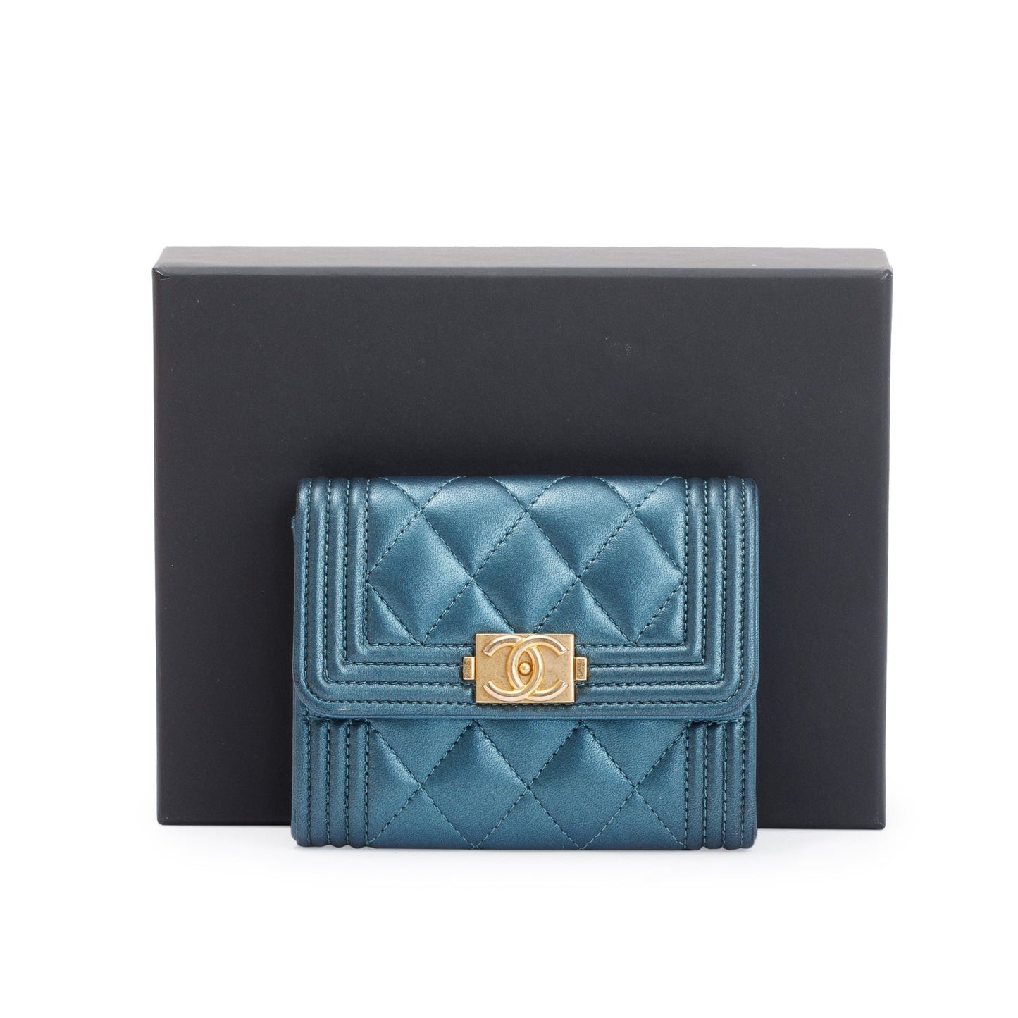Chanel 2020 Blue Metallic Lambskin Boy Flap Card Holder