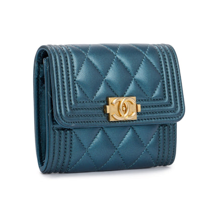 Chanel 2020 Blue Metallic Lambskin Boy Flap Card Holder