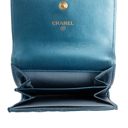 Chanel 2020 Blue Metallic Lambskin Boy Flap Card Holder