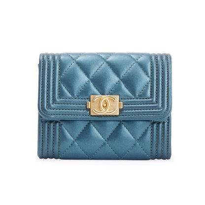 Chanel 2020 Blue Metallic Lambskin Boy Flap Card Holder