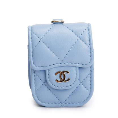 Chanel 2020 Blue Quilted Lambskin Leather Airpods Flap Case on Chain