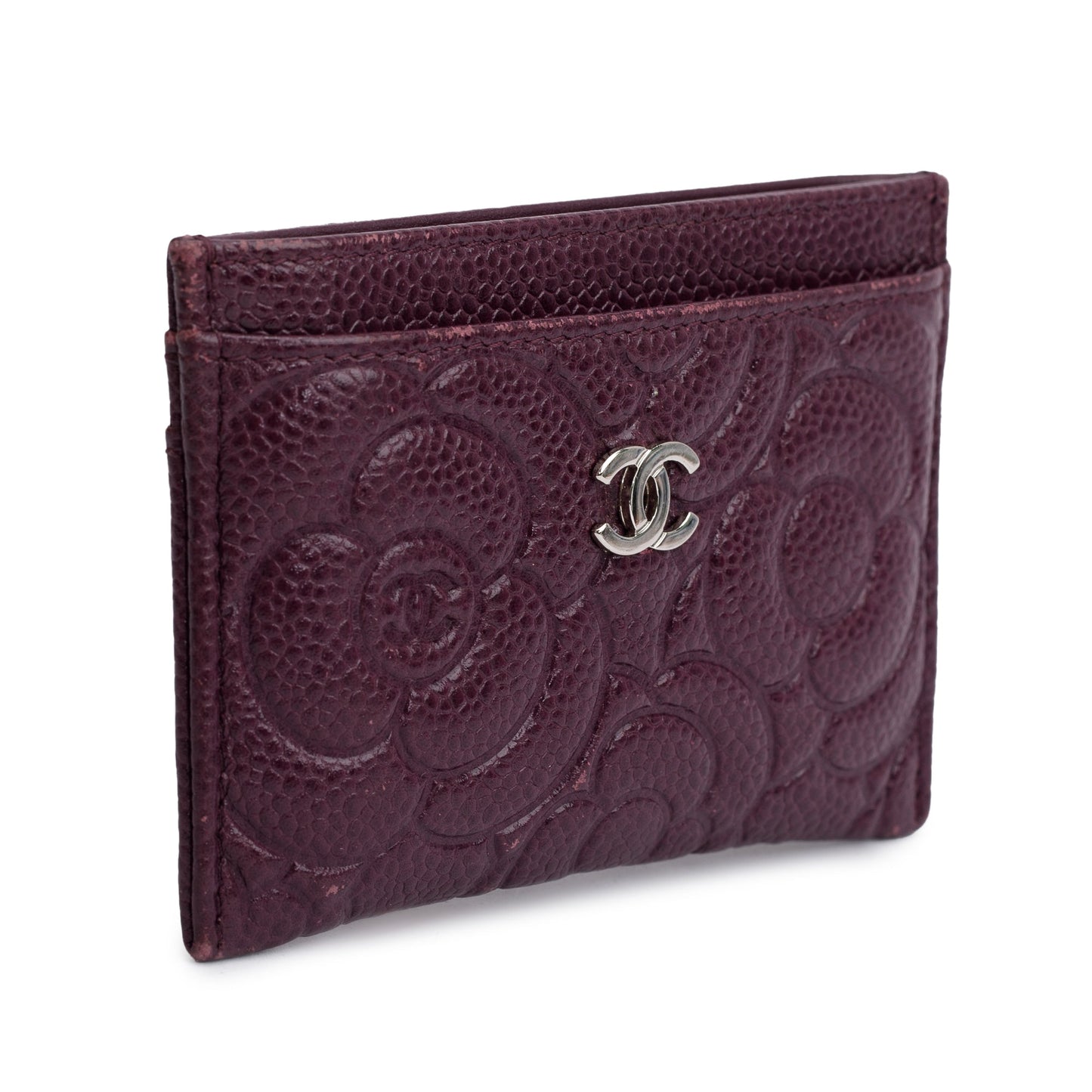 Chanel 2020 Burgundy Camellia Embossed Caviar Leather Classic Card Holder