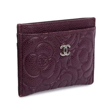 Chanel 2020 Burgundy Camellia Embossed Caviar Leather Classic Card Holder