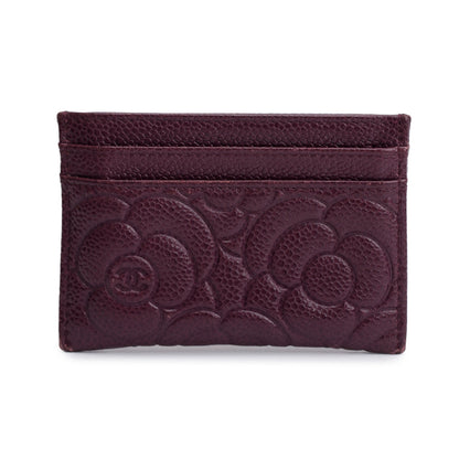 Chanel 2020 Burgundy Camellia Embossed Caviar Leather Classic Card Holder