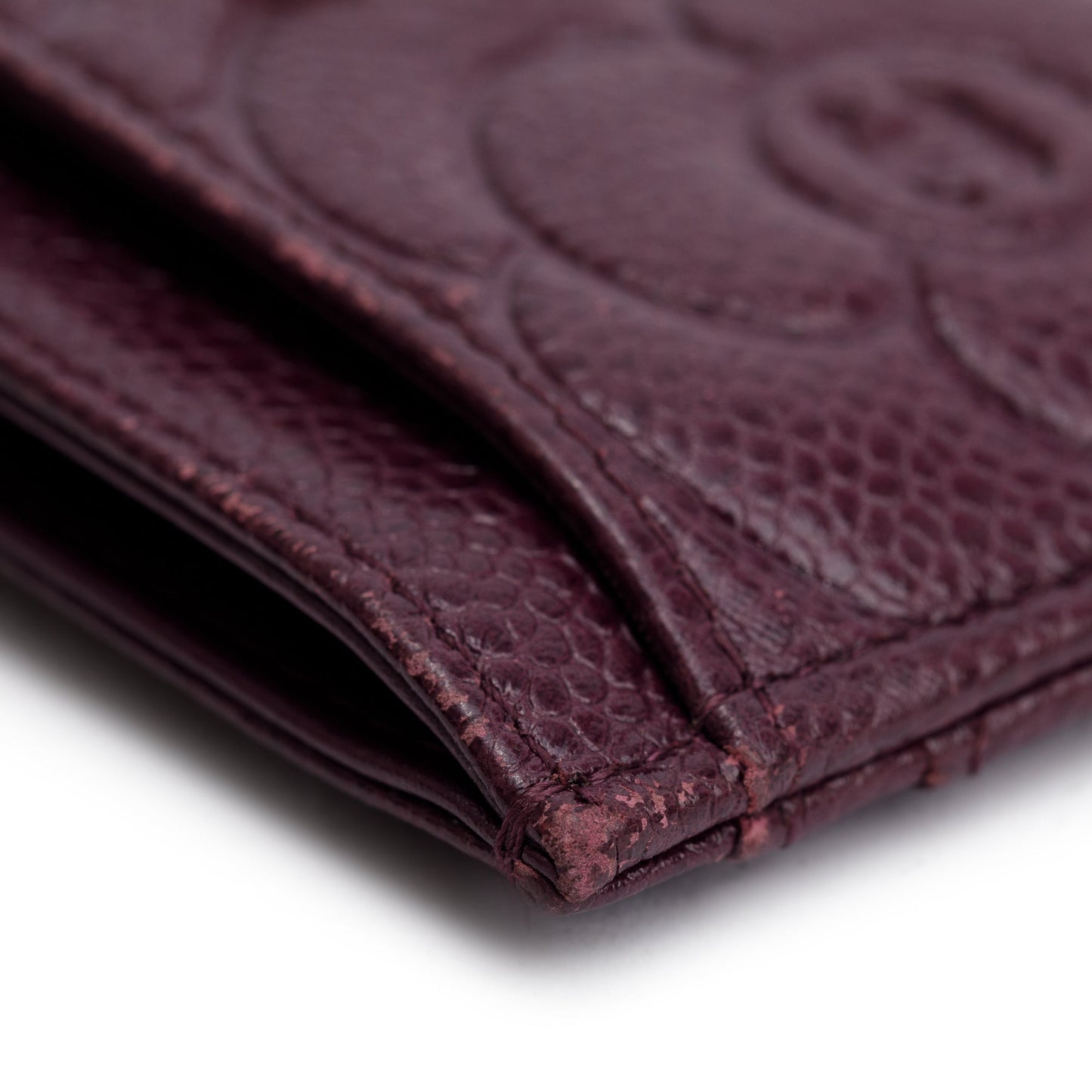 Chanel 2020 Burgundy Camellia Embossed Caviar Leather Classic Card Holder