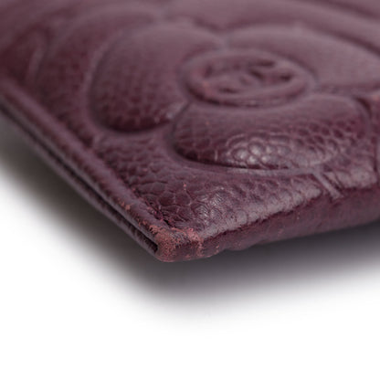 Chanel 2020 Burgundy Camellia Embossed Caviar Leather Classic Card Holder