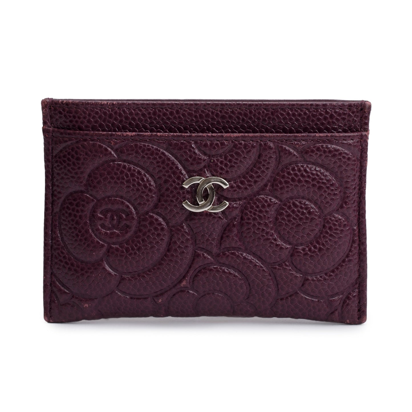 Chanel 2020 Burgundy Camellia Embossed Caviar Leather Classic Card Holder