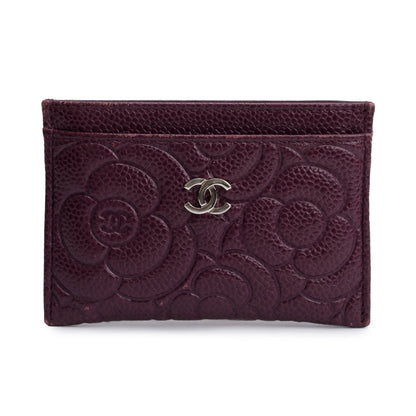 Chanel 2020 Burgundy Camellia Embossed Caviar Leather Classic Card Holder