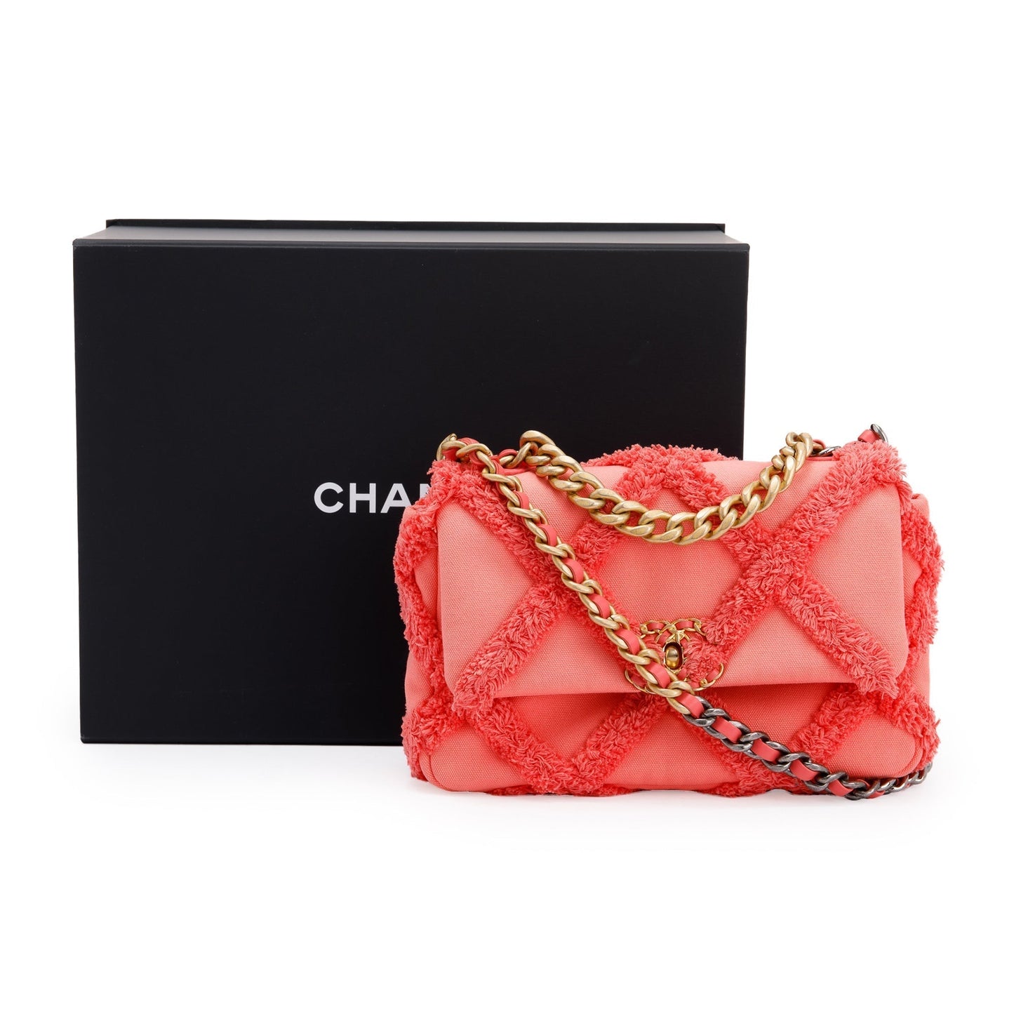 Chanel 2020 Coral Quilted Cotton Canvas Medium 19 Flap Bag