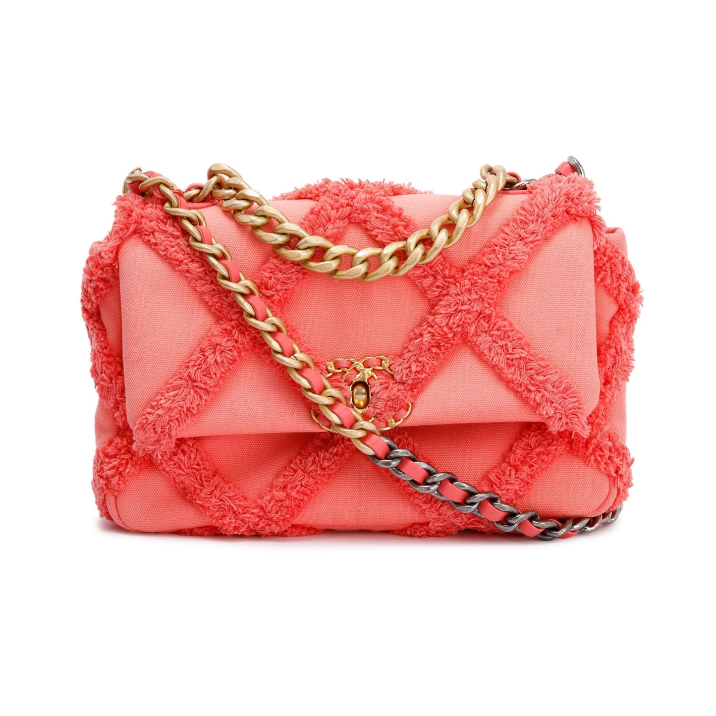 Chanel 2020 Coral Quilted Cotton Canvas Medium 19 Flap Bag