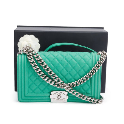 Chanel 2020 Green Quilted Caviar Leather Medium Boy Bag