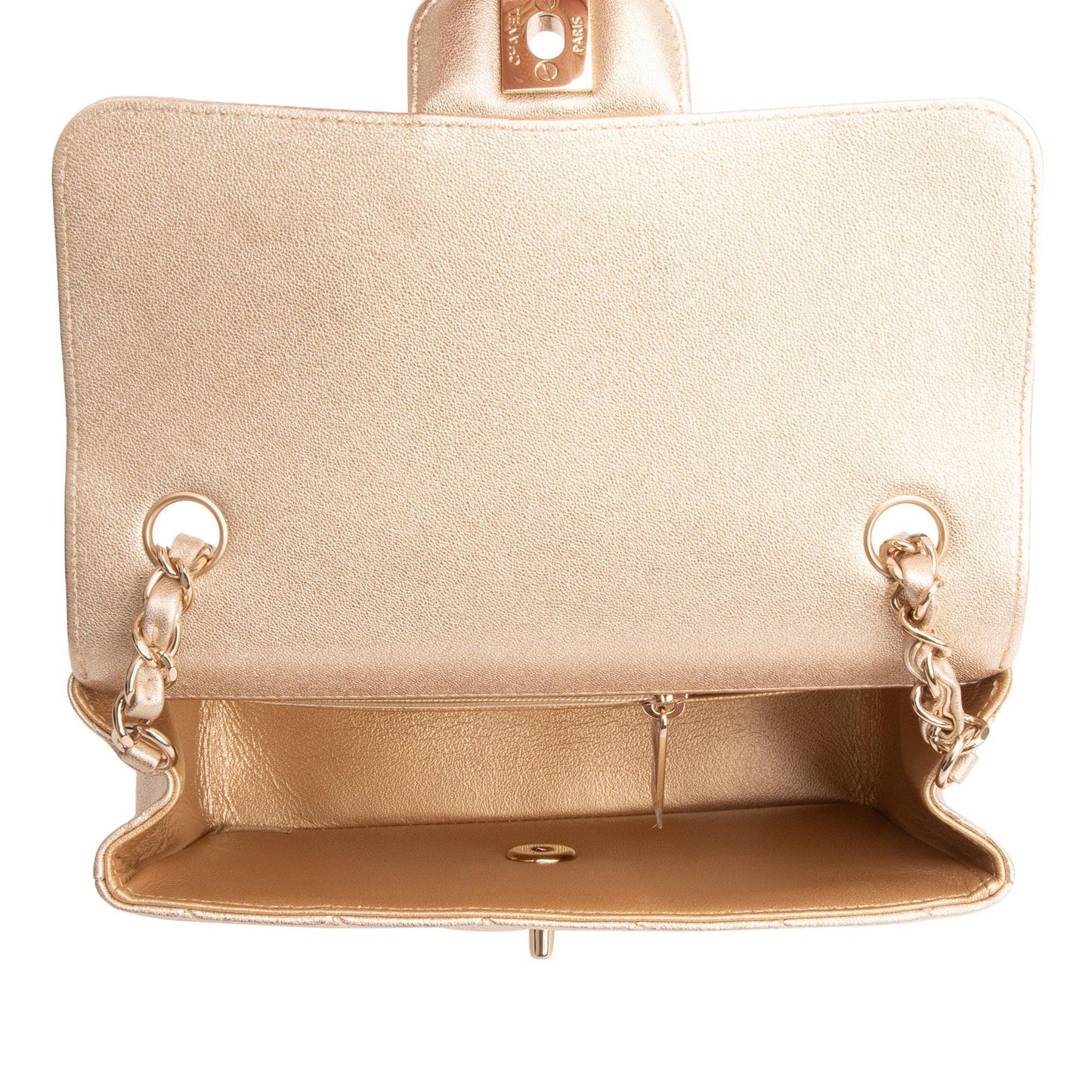 Chanel 2020 Metallic Gold Quilted CalfskinLeather Classic Mini Rectangular Flap Bag