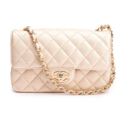 Chanel 2020 Metallic Gold Quilted CalfskinLeather Classic Mini Rectangular Flap Bag