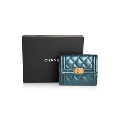 Chanel 2020 Metallic Lambskin Boy Flap Card Holder