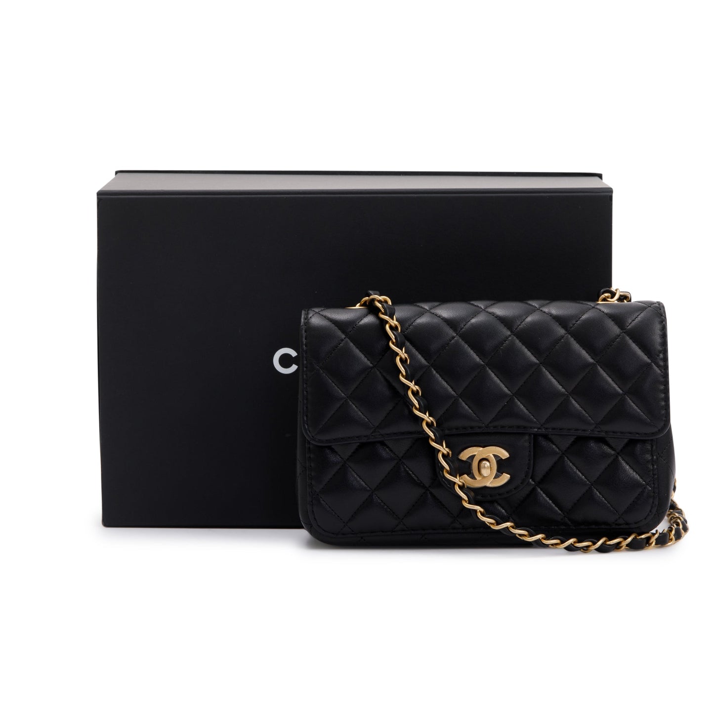Chanel 2020 Small Black Lambskin Strap Into Flap Bag